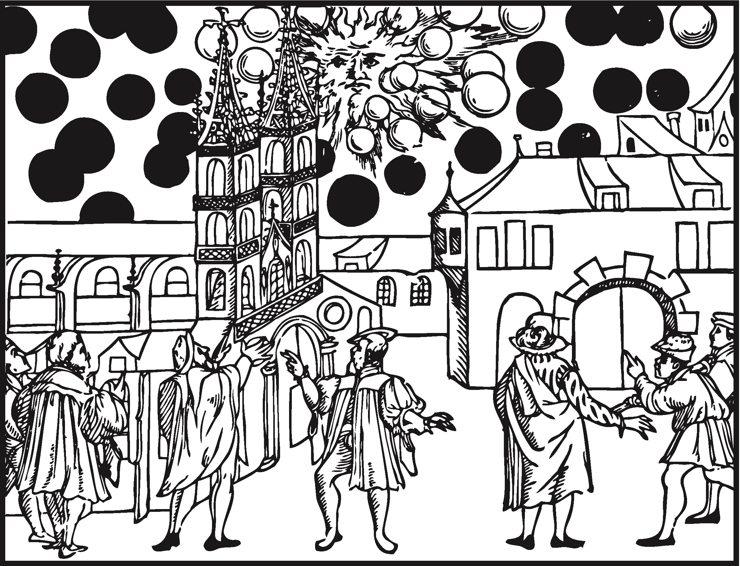 Woodcut of UFOs observed over the town of Basel in Switzerland.